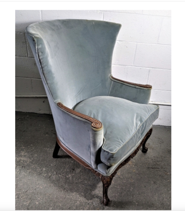 Dusty Blue Velvet Wingback Chair with Ornate Carved Wood Frame