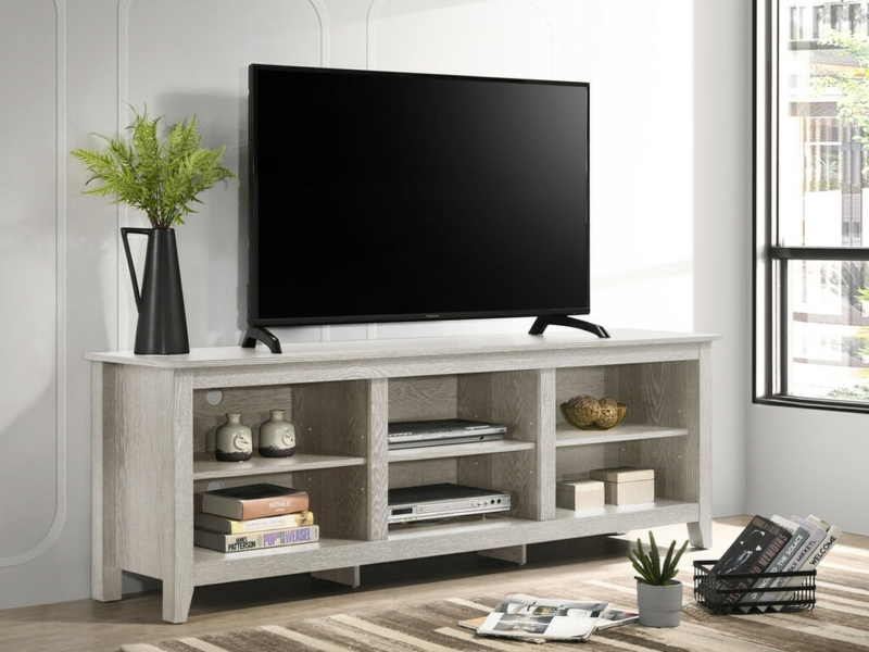 Dusty Gray TV Stand, 70 Inch Wide, Open Shelf Media Console Storage.