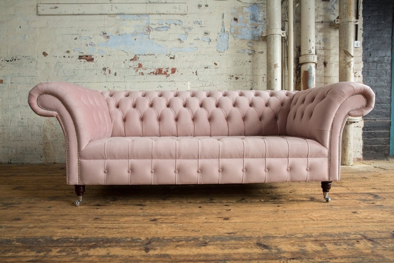 Dusty Pink Chesterfield Sofa with Deep Tufting and Rolled Scroll Arms