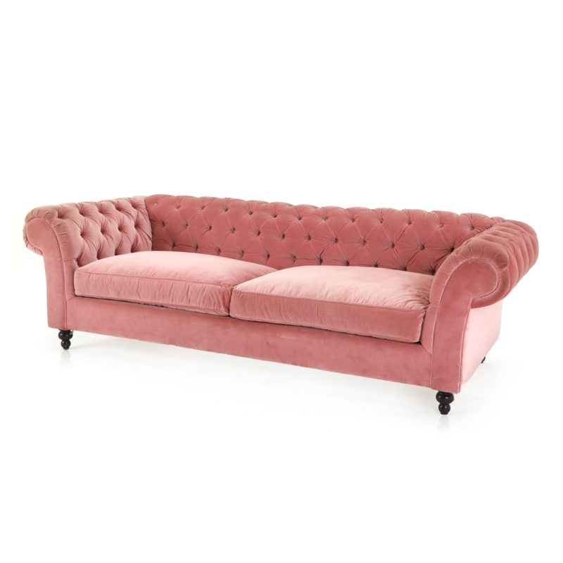 Dusty Pink Velvet Sofa with Deep Button Tufting and Rolled Arms