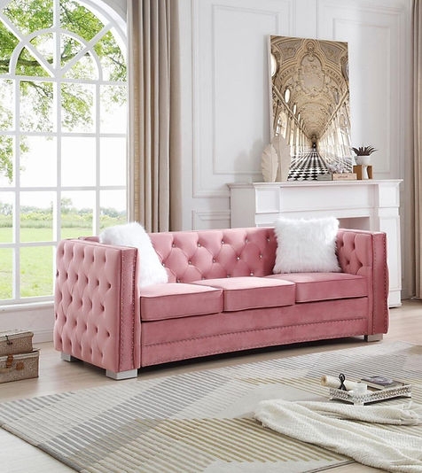 Dusty Pink Velvet Tufted Sofa with Silver Nailhead Trim and Chrome Legs