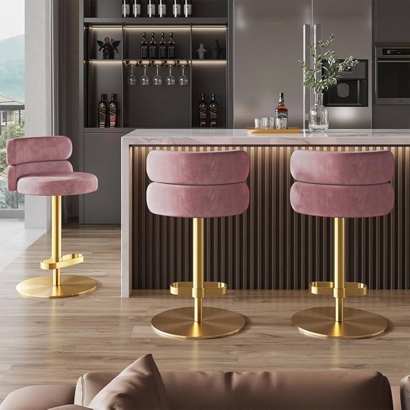Dusty Rose Bar Stool with Bolster Back and Gold Pedestal Base