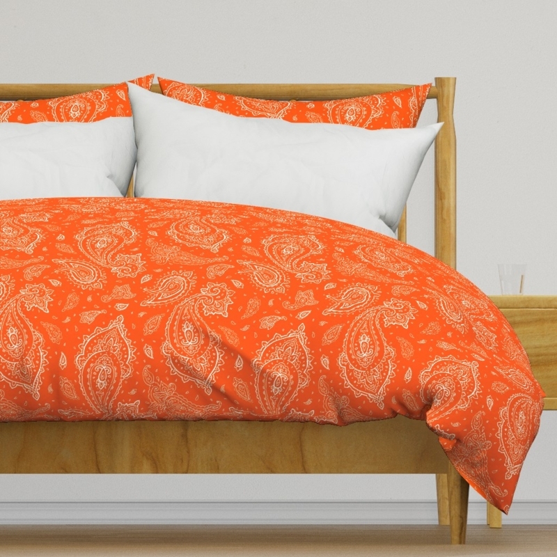 Duvet Cover Bandana Paisley Print Vibrant Orange Mid-Century Modern