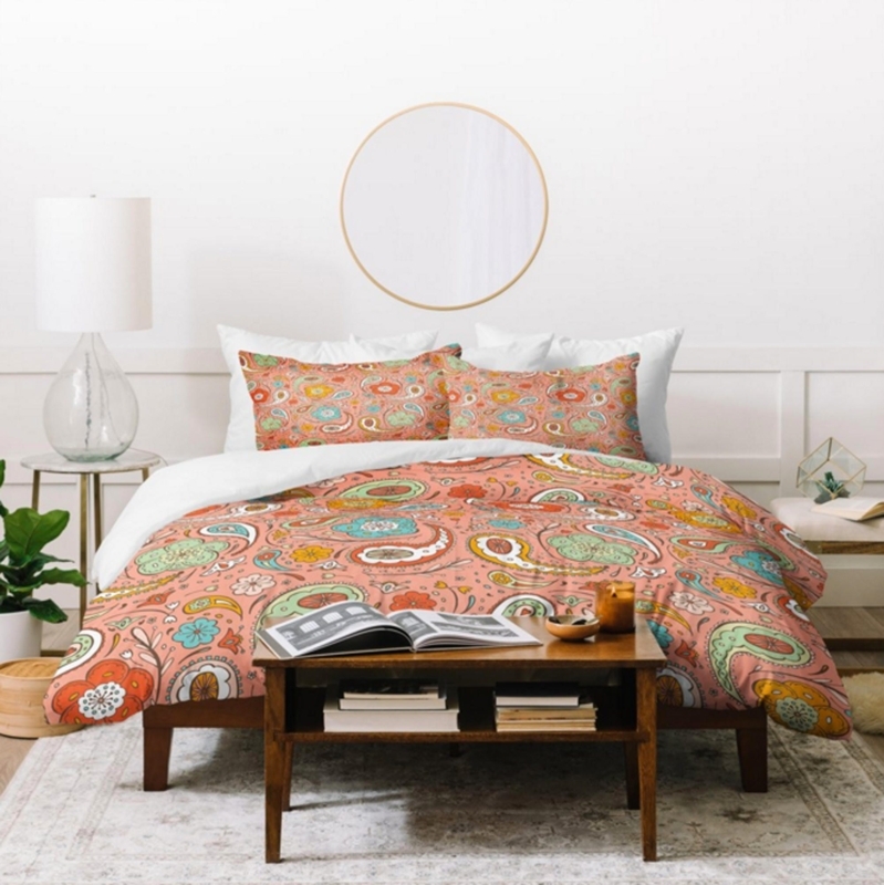 Duvet Cover Coral Pink Paisley Bohemian Modern Floral Accents