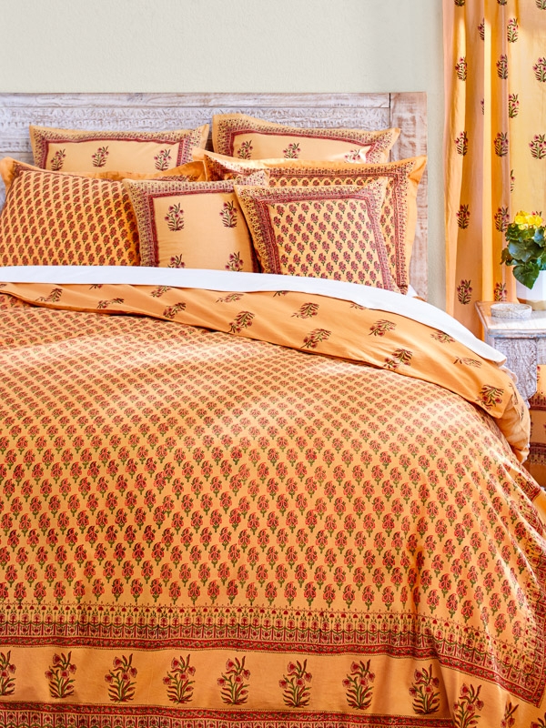 Duvet Cover Saffron Orange Indian Block Print Paisley Floral Border