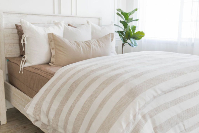 Duvet Cover: Sandy Beige Horizontal Stripes, Side Ties, Button Detail
