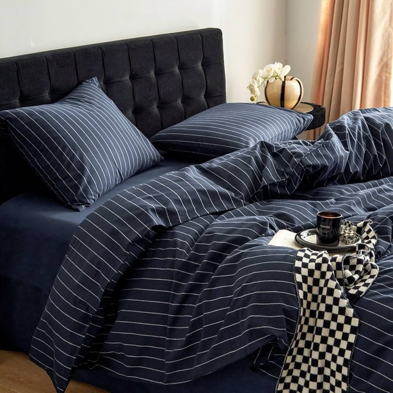 Duvet Cover Set: Navy Blue with Horizontal Pinstripes, Textured