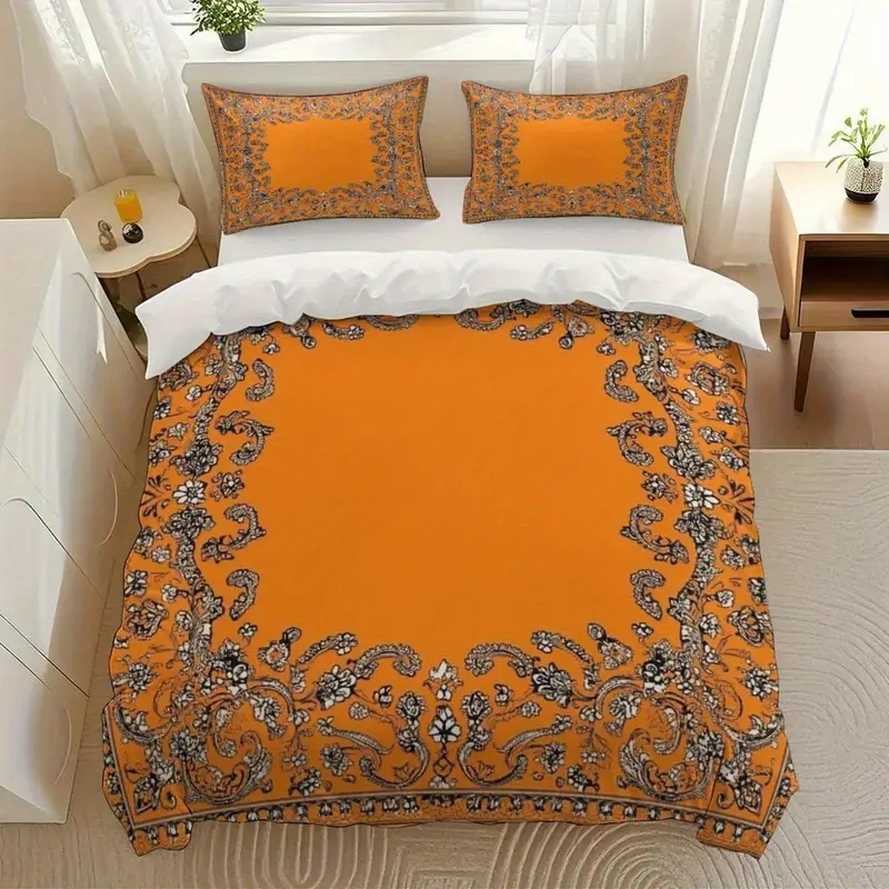 Duvet Cover Set Paisley Border Pattern Zipper Closure Charcoal Black