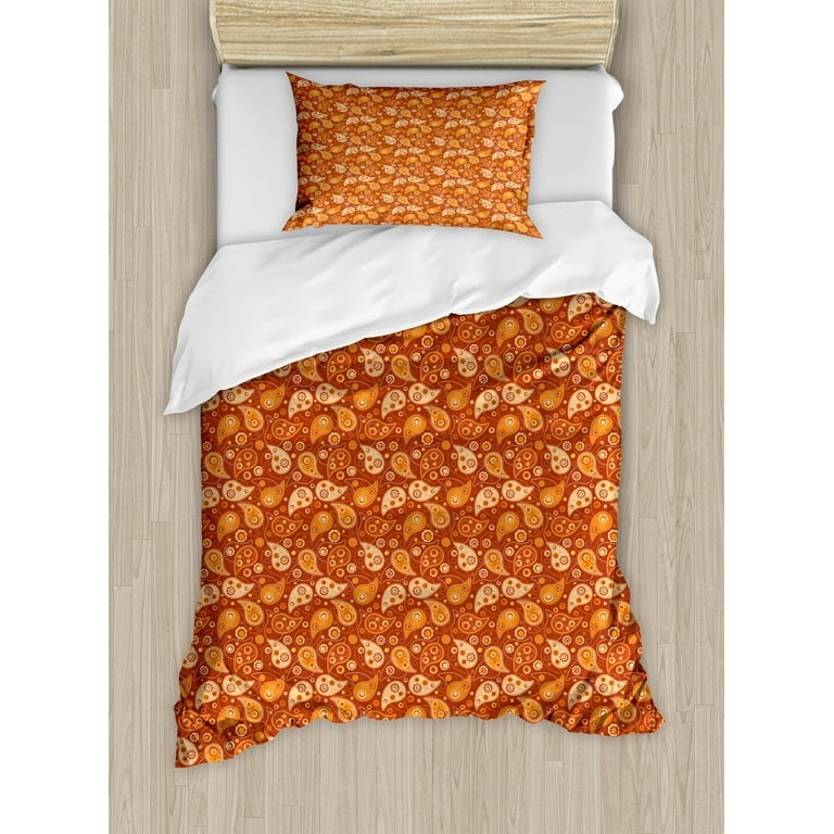 Duvet Cover Set Retro Style Paisley Floral Redwood Orange Cream Twin