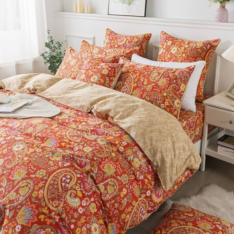 Duvet Cover Set Reversible Paisley Print Burnt Orange Boho Bedding
