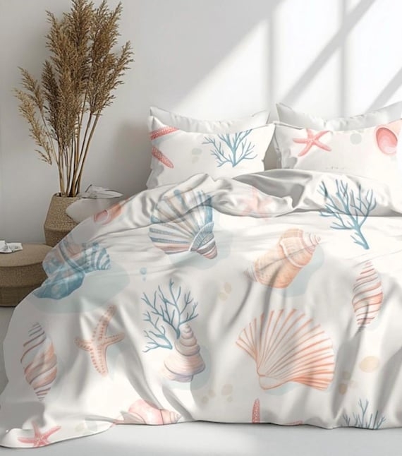Duvet Cover Set Soft Peach Watercolor Seashell Coral Motifs