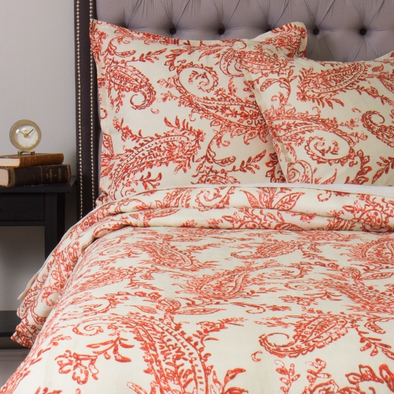 Duvet Cover Set Traditional Rust Orange Paisley Button Tufted Decor