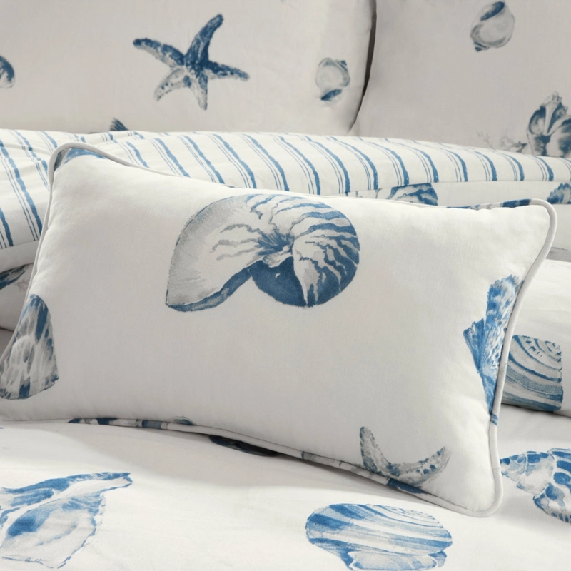 Duvet Cover Set Watercolor Shell Print Ticking Stripes Indigo