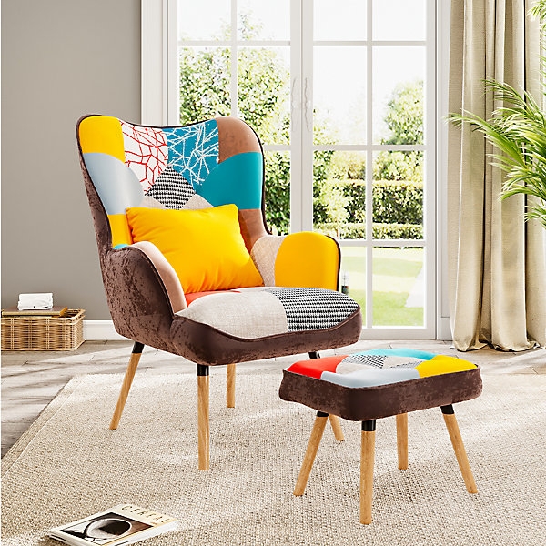 Eclectic Wingback Accent Chair with Multicolor Patchwork Pattern