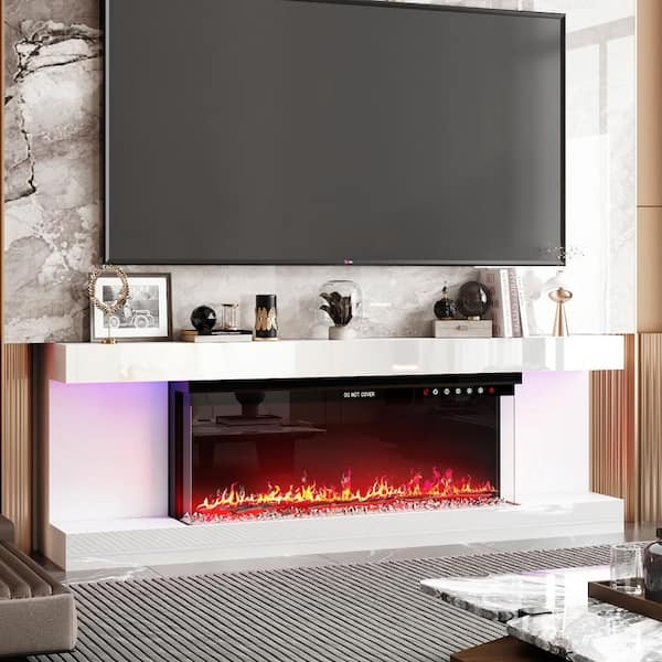 Electric Fireplace Console High Gloss White Purple LED Crystal Embers