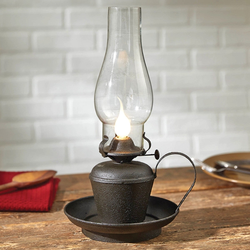 Electric Oil Lamp Textured Black Metal Saucer Base Rustic Farmhouse