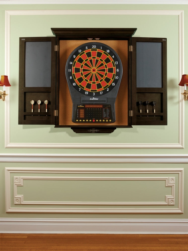 Electronic Dartboard Cabinet with Chalkboard Scorekeepers and Dart Racks