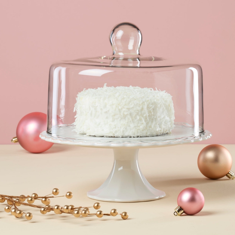 Elegant Cake Stand with Beaded Scalloped Rim and Glass Dome Cover
