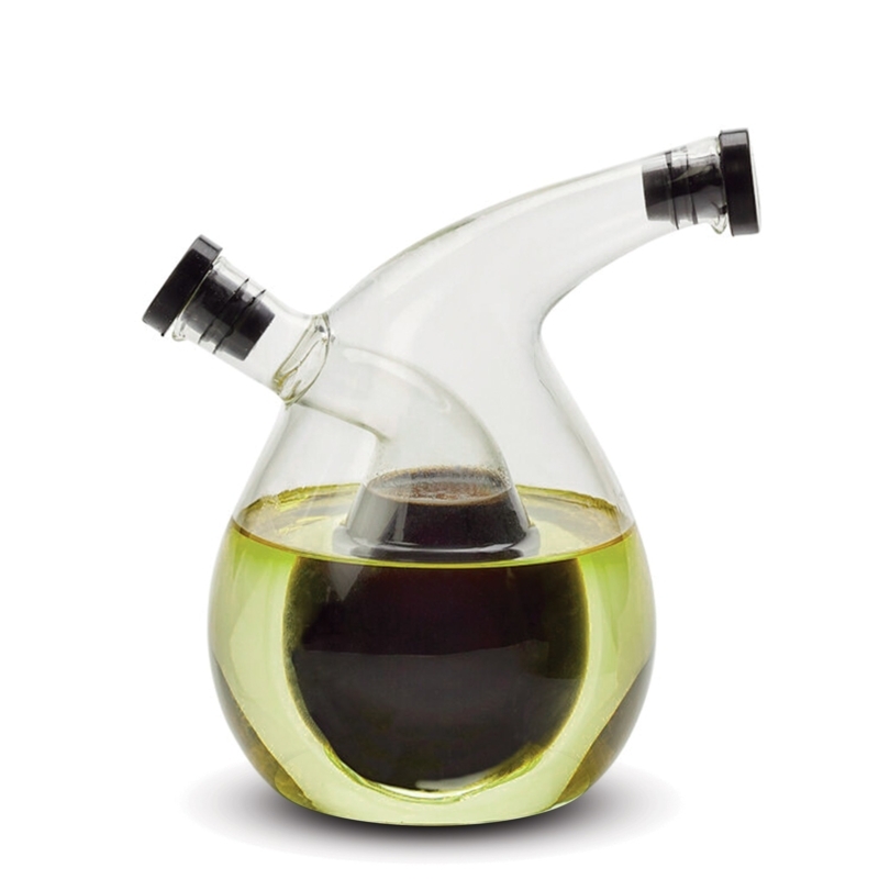Elegant Glass Cruet with Nested Bulb and Black Stoppers