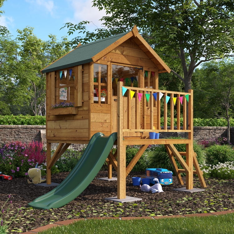 Elevated Playhouse Cottage Style with Flowerbox Detail, Slide & Ladder