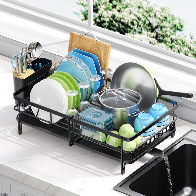 Elevated Two-Tier Matte Black Dish Rack with Footed Base