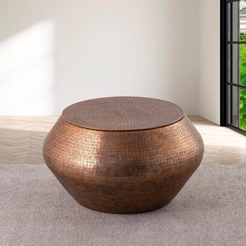 Embossed Copper Drum Coffee Table with Tapered Sides and Storage