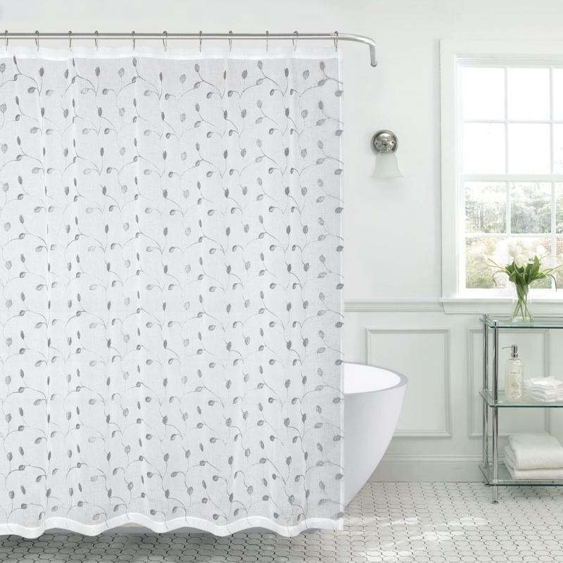 Embroidered Botanical Shower Curtain, Sheer Fabric, Metallic Silver Vines.
