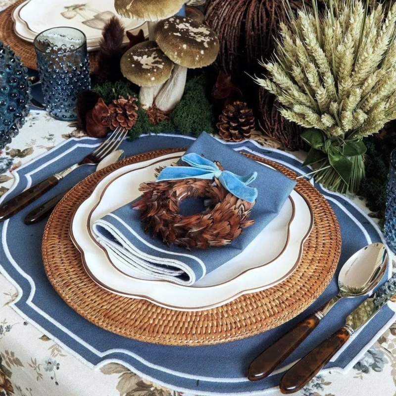 Embroidered Dining Placemat Set Scalloped Edge Royal Blue Rustic