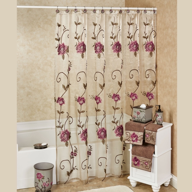 Embroidered Floral Shower Curtain, Sheer Taupe Fabric, Vertical Vine Motif.