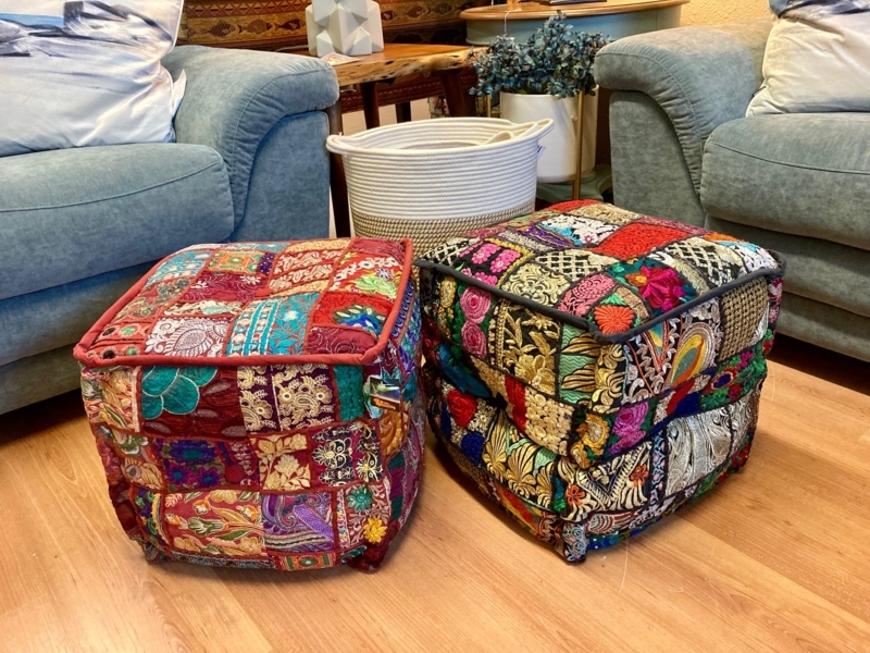 Embroidered Patchwork Ottoman: Heavy Detail & Square Piped Edges