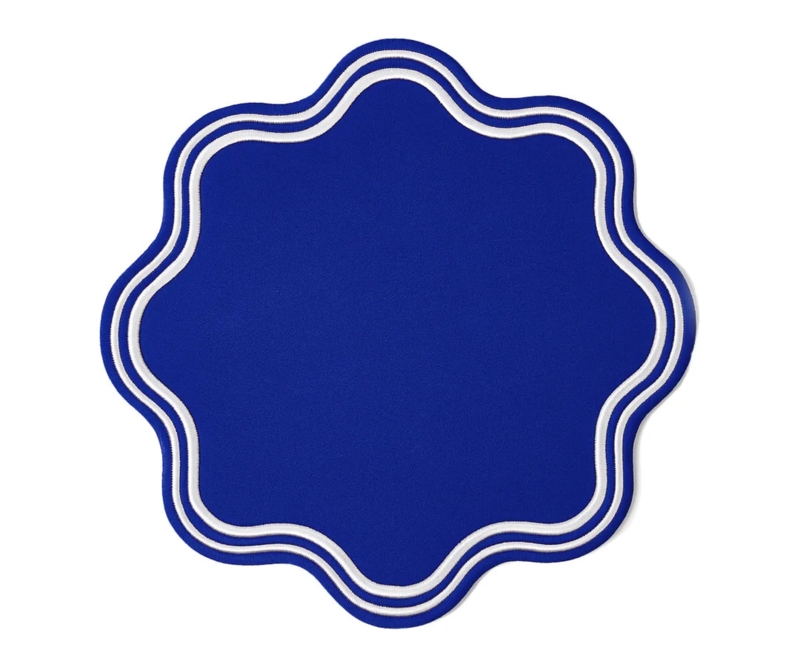 Embroidered Round Placemat Scalloped Edge Cotton Blue Coastal Chic