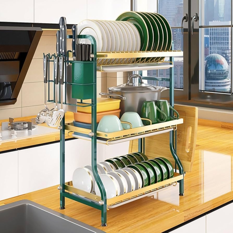 Emerald Green and Gold Three-Tier Dish Rack with Drip Trays