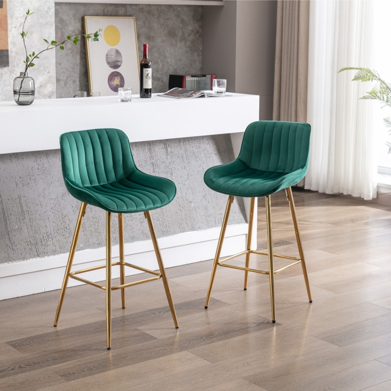 Emerald Green Bar Stool with Channel Tufted Back and Gold Legs