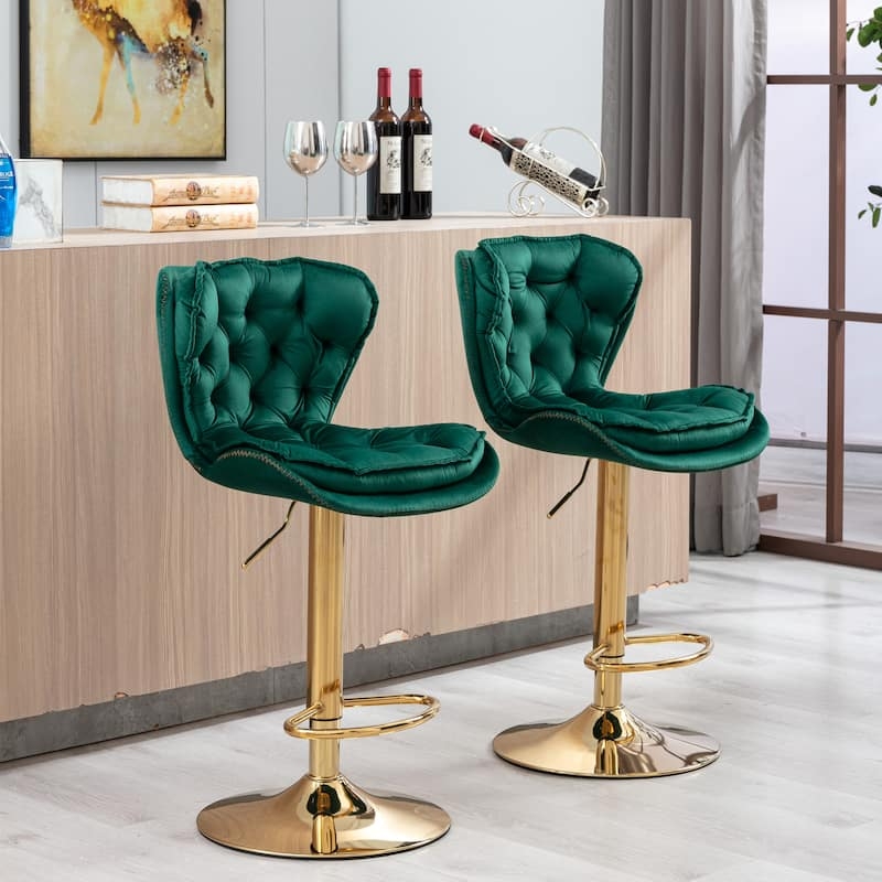 Emerald Green Bar Stool with Diamond Tufting and Wingback Design