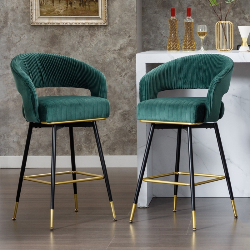 Emerald Green Swivel Bar Stool with Pleated Back and Gold Accents