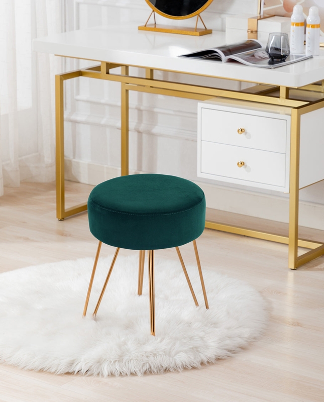 Emerald Green Vanity Stool with Golden Hairpin Legs and Round Seat