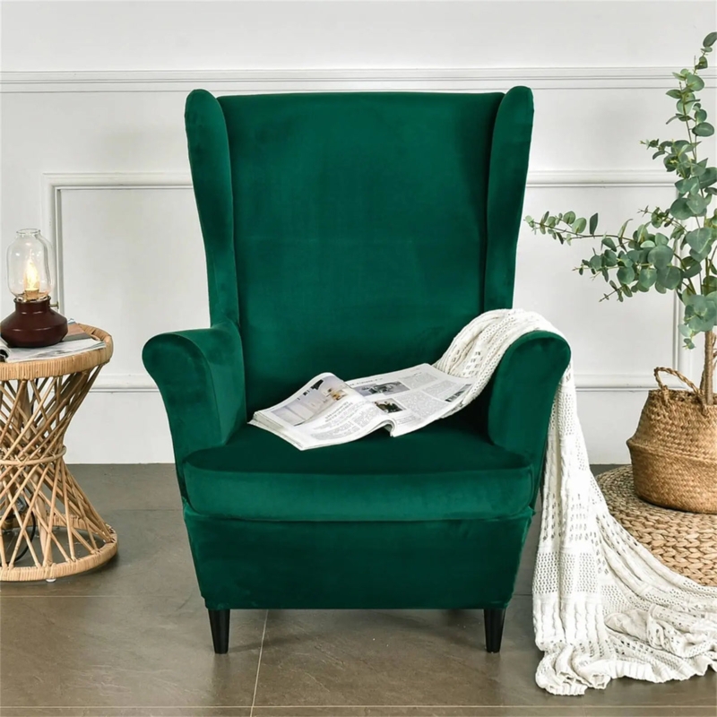 Emerald Green Velvet Wingback Chair Slipcover for Reading Nook Decor