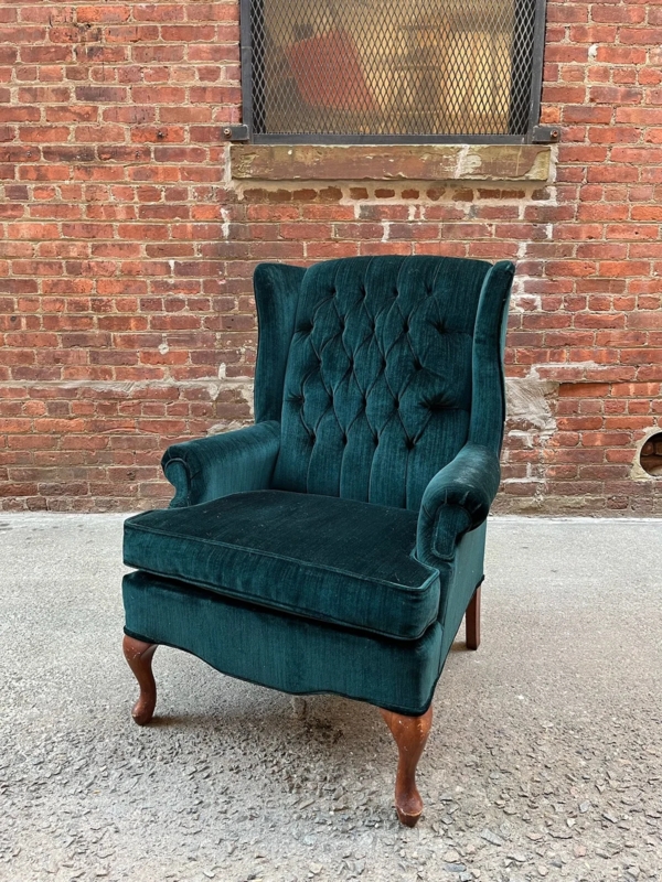 Emerald Green Velvet Wingback Chair with Button Tufting & Cabriole Legs