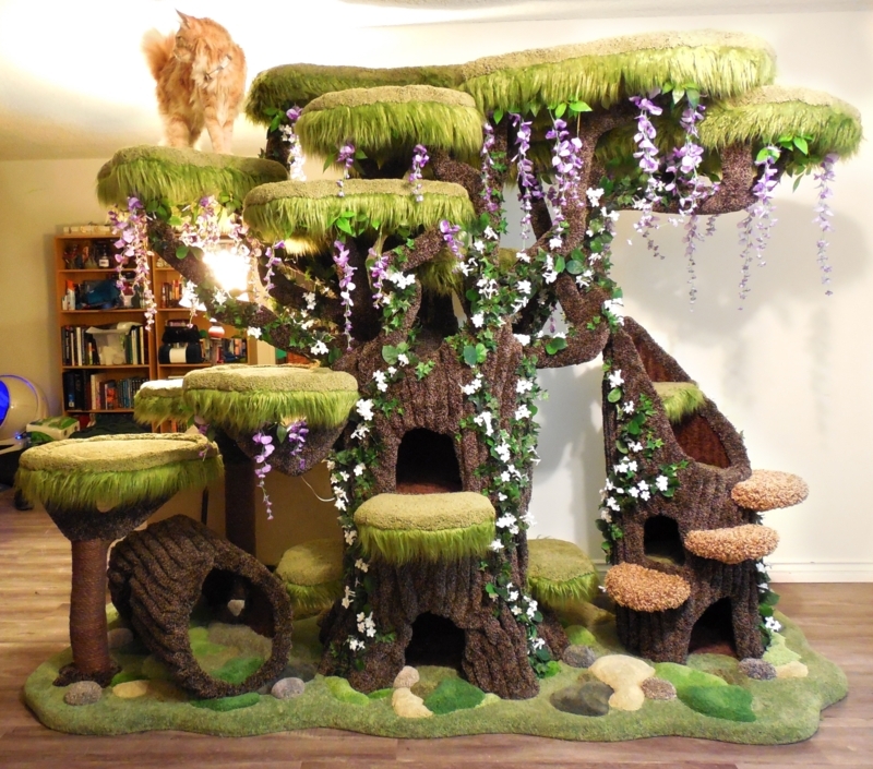 Enchanted Forest Cat Tree: Hanging Wisteria & Bark Textured Carpet.