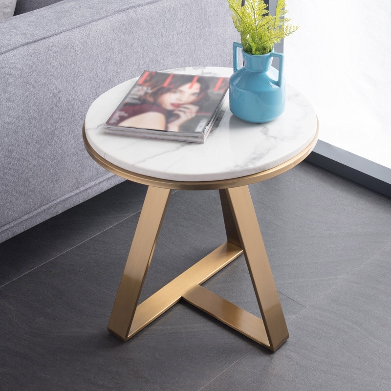 End Table: Round Marble Look, Brushed Metallic Geometric Base
