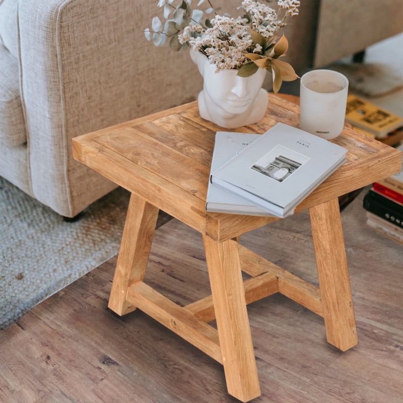 End Table Rustic Wood Recycled Teak Flared Legs Planked Surface