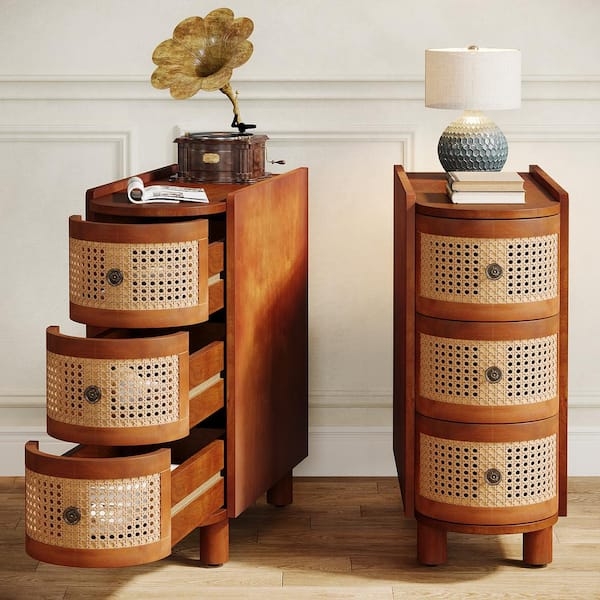 End Table Set Walnut U-Shaped Rattan Drawers Ornate Knobs