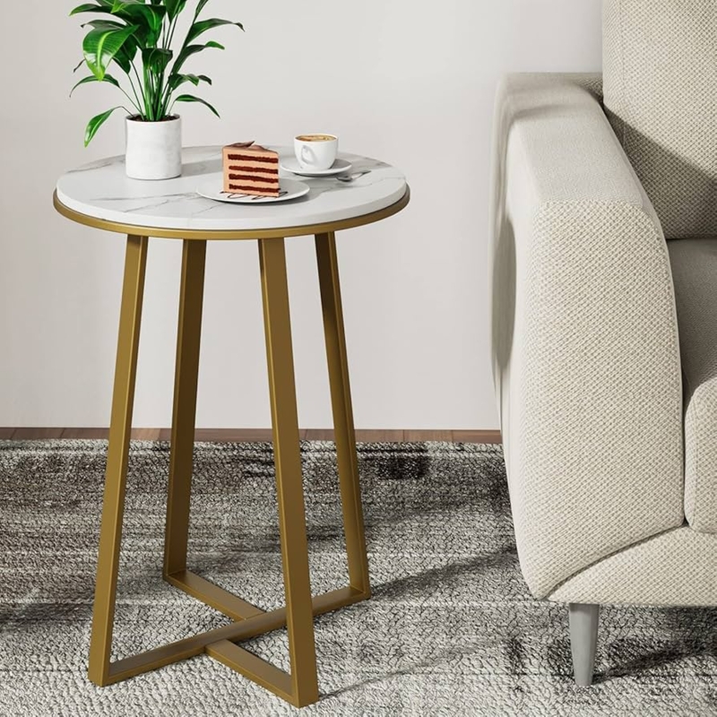 End Table: Slim Metal Legs, Round Marble Pattern, Modern Glam