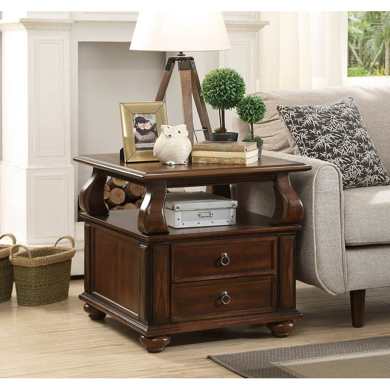 End Table Walnut Brown Curved Supports Bun Feet Shelf