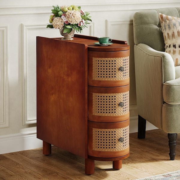 End Table Walnut U-Shaped Profile Rattan Cane Drawers