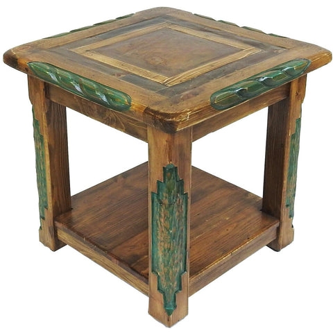 End Table with Emerald Green Accents and Geometric Carvings