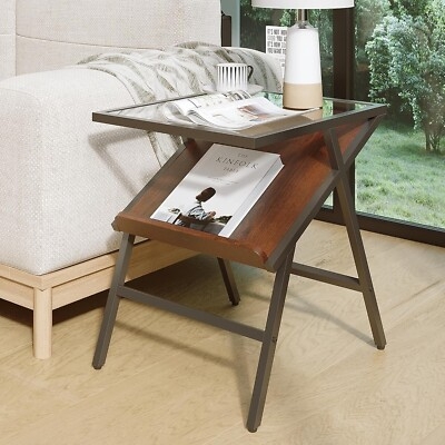 End Table with Glass Top & Angled Walnut Magazine Rack, Gunmetal