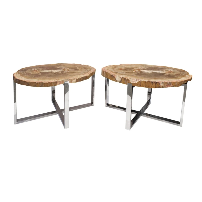 End Tables with Petrified Wood Slabs on Geometric Chrome X-Frames
