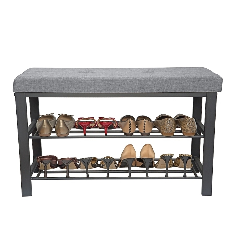 Entryway Bench Grey Fabric Metal Frame Heel Catch Rack Industrial Storage