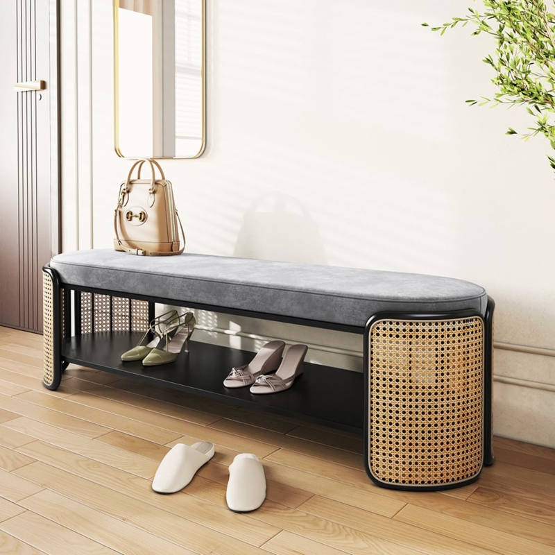Entryway Bench Modern Japandi Curved Rattan Shoe Storage